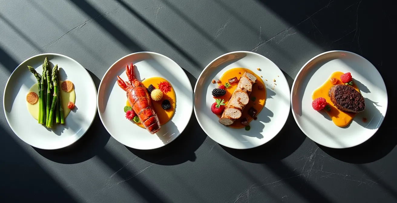 Composition artistique de quatre assiettes représentant un voyage culinaire à travers les saisons québécoises