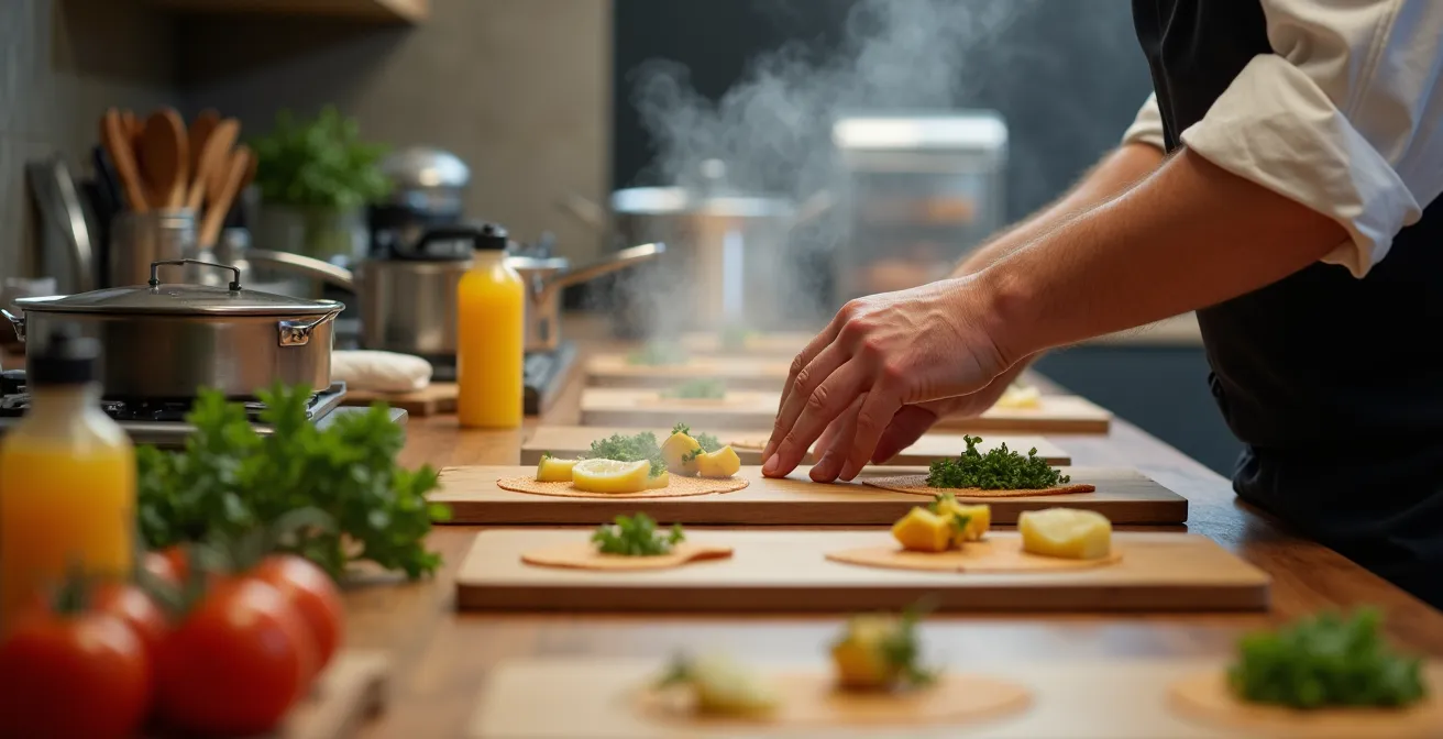 Vue aérienne d'une cuisine québécoise organisée en stations de préparation pour un service séquencé