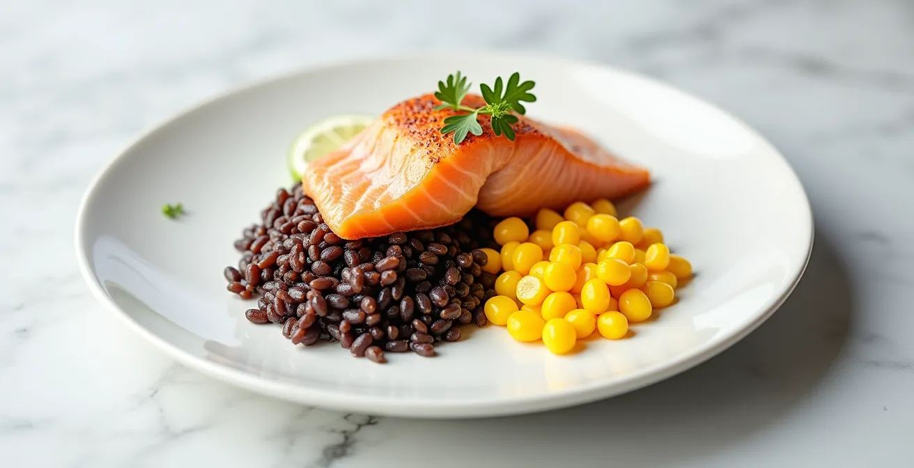 Composition minimaliste d'une assiette avec trois éléments colorés représentant les textures canadiennes