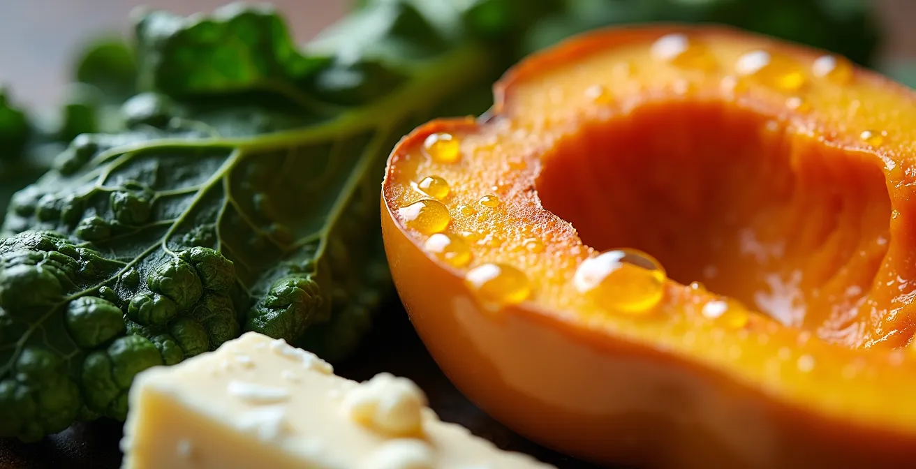 Gros plan macro sur trois éléments colorés d'un plat canadien : courge orangée, kale vert profond et fromage de chèvre blanc avec textures visibles