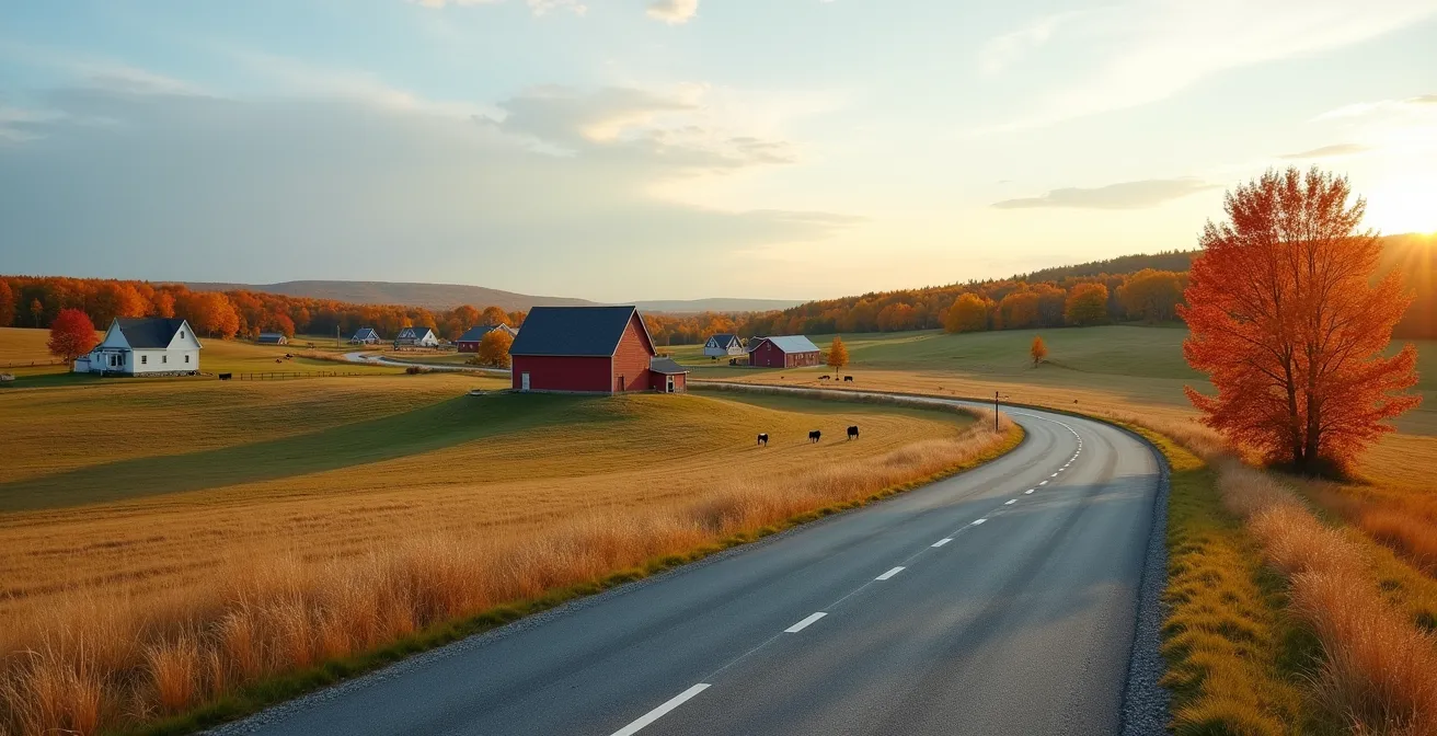 Vue panoramique d'une route de campagne québécoise en automne avec fermes laitières et collines