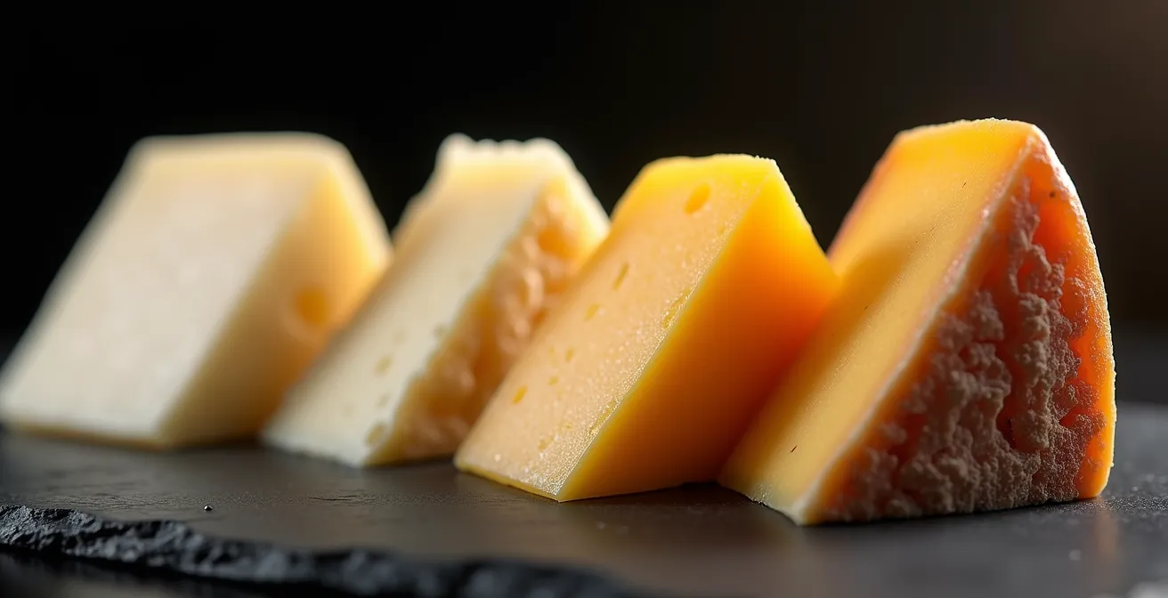 Trois morceaux de fromage québécois montrant l'évolution de la texture et de la couleur selon le degré d'affinage