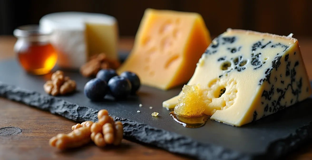 Gros plan sur un plateau de dégustation avec trois fromages de Charlevoix et leurs accompagnements