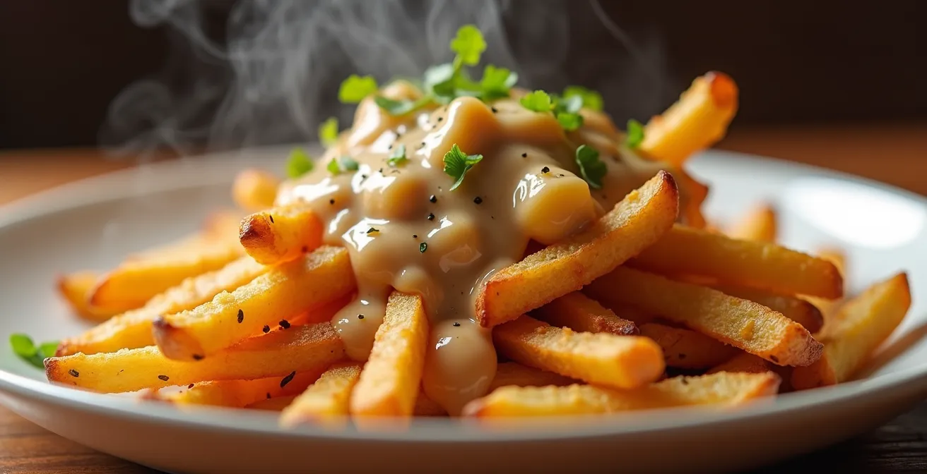 Poutine santé québécoise avec frites de légumes racines dorées, fromage en grains et sauce brune légère