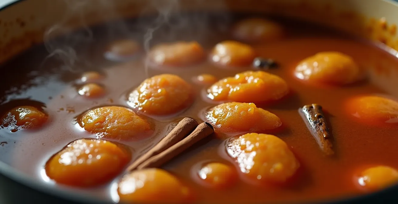 Vue macro rapprochée d'un ragoût de pattes mijotant avec vapeur et épices visibles