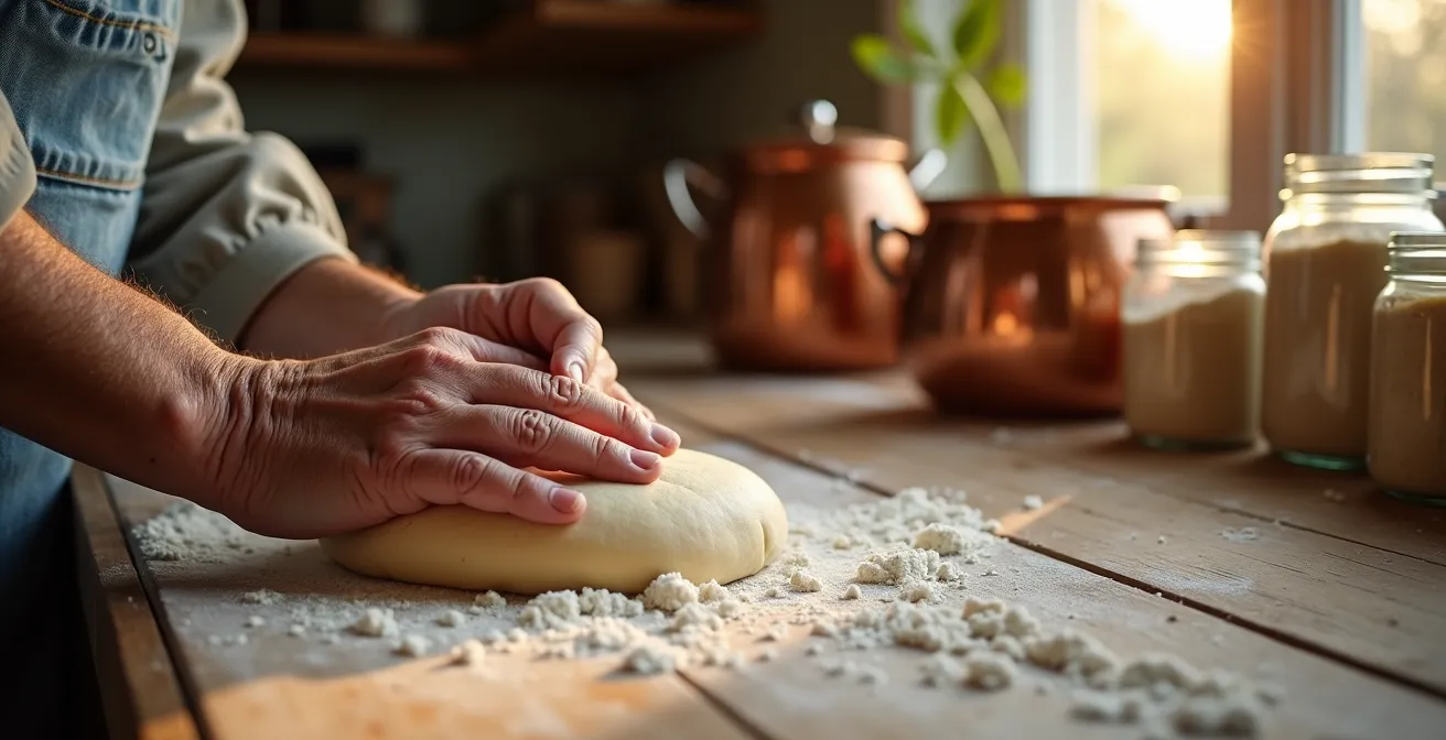 Personne âgée transmettant un savoir culinaire à une jeune génération dans une cuisine traditionnelle
