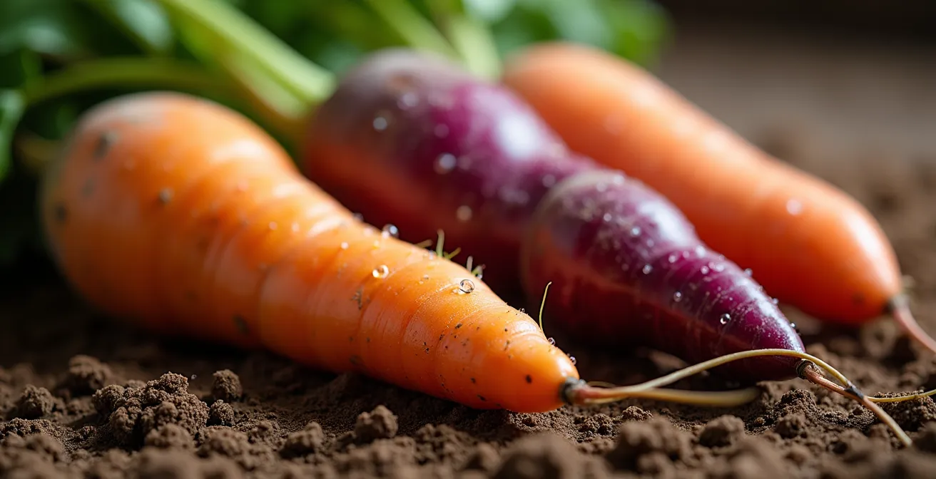 Gros plan macro sur des légumes racines québécois avec textures détaillées et gouttelettes de rosée