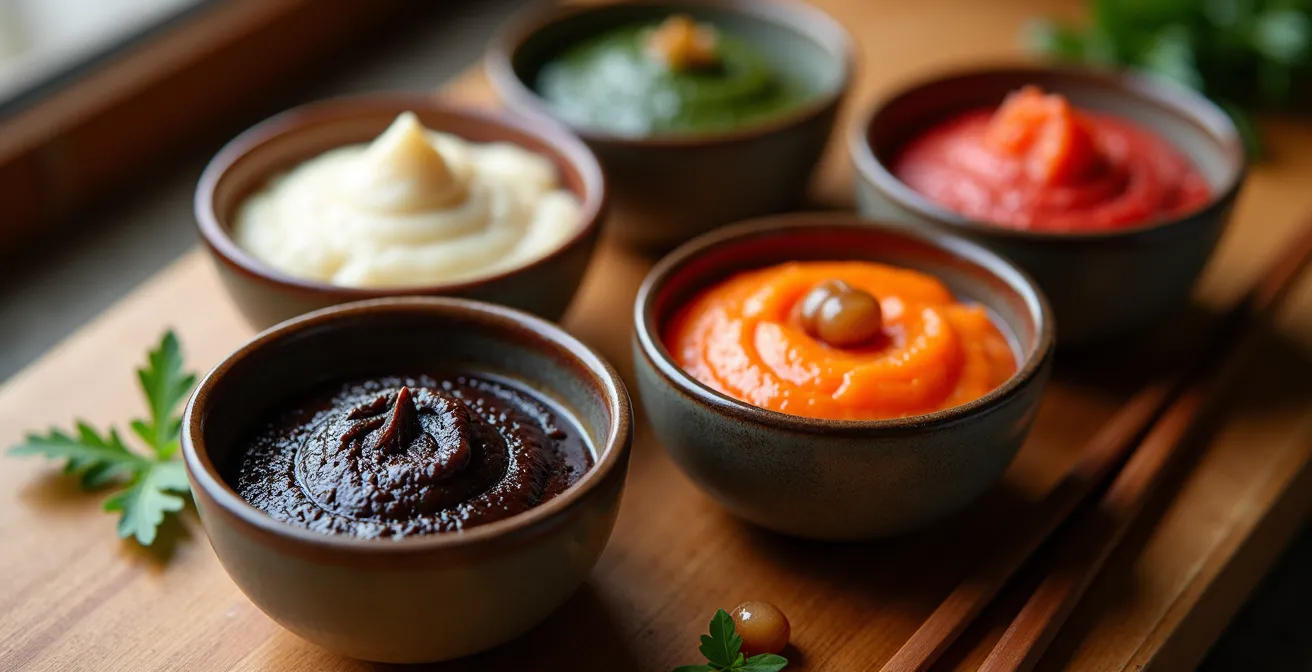 Composition photographique montrant cinq bols de miso de différentes intensités, du blanc au rouge foncé, avec des ingrédients québécois