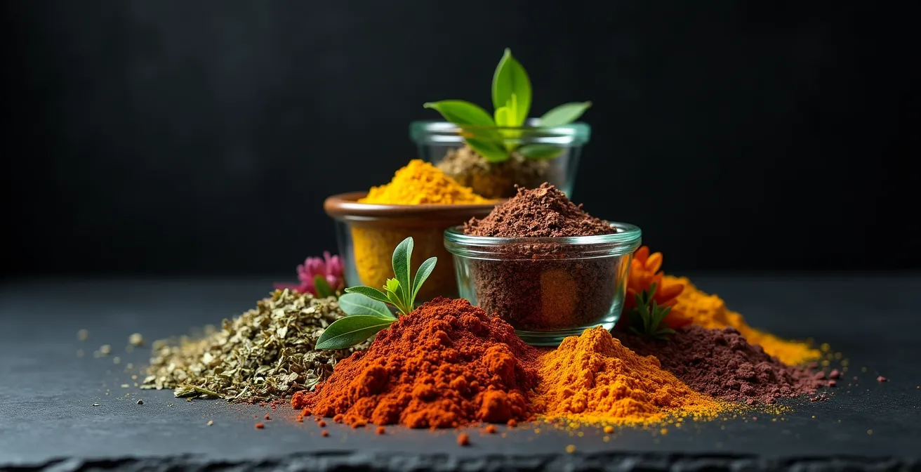 Pyramide d'épices et herbes québécoises arrangées par niveau d'intensité