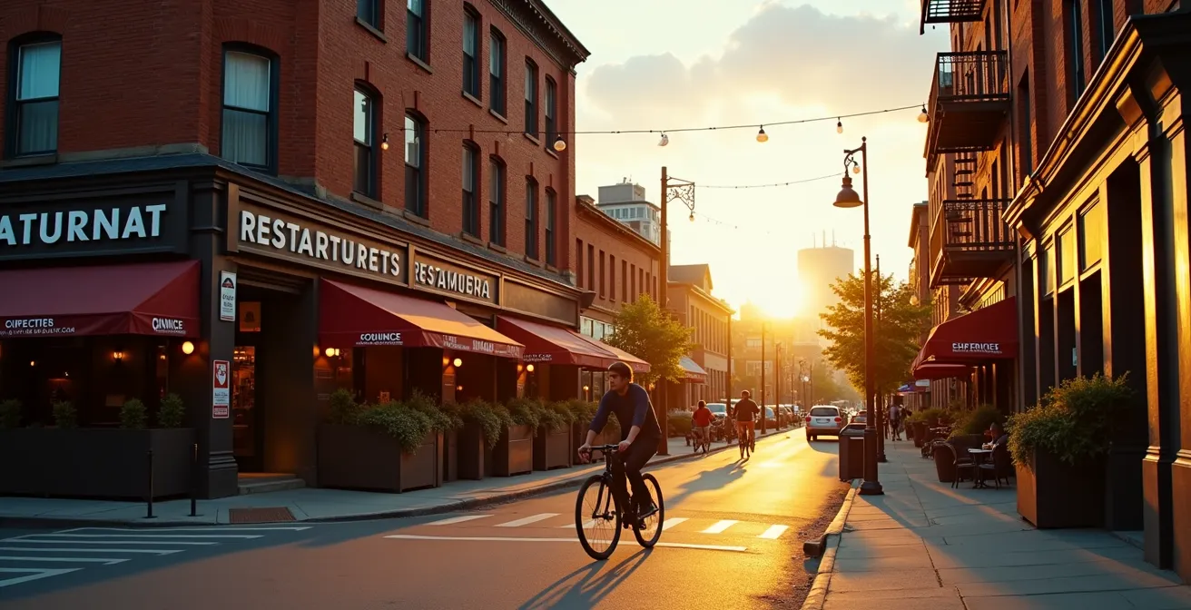 Vue aérienne minimaliste d'une rue de quartier montréalais en transition avec terrasses et vitrines de restaurants