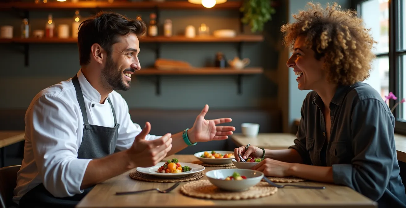 Terrasse intimiste d'un bistro local québécois avec vue sur architecture patrimoniale