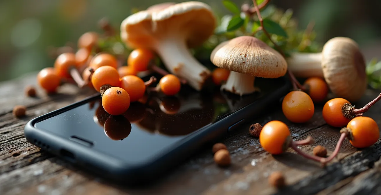 Vue macro d'ingrédients du terroir québécois avec téléphone montrant des stories Instagram de chefs