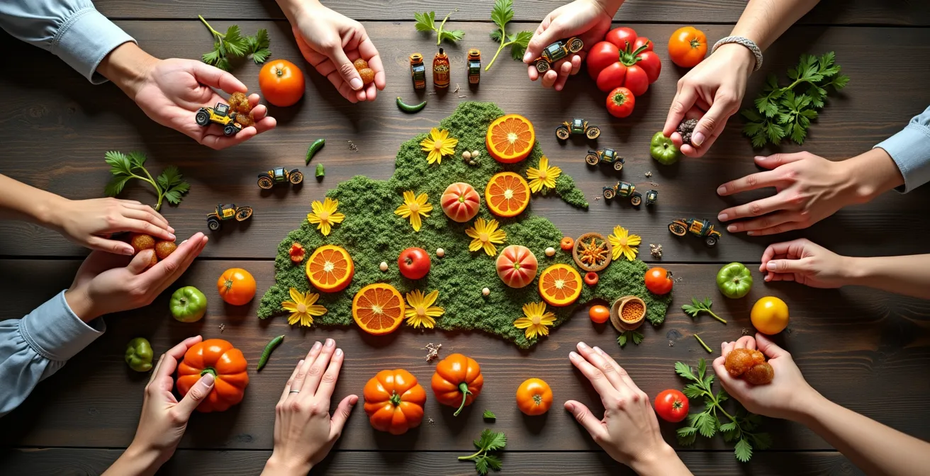 Carte interactive stylisée du Québec avec épingles colorées marquant différents types de producteurs locaux reliés par des lignes de connexion