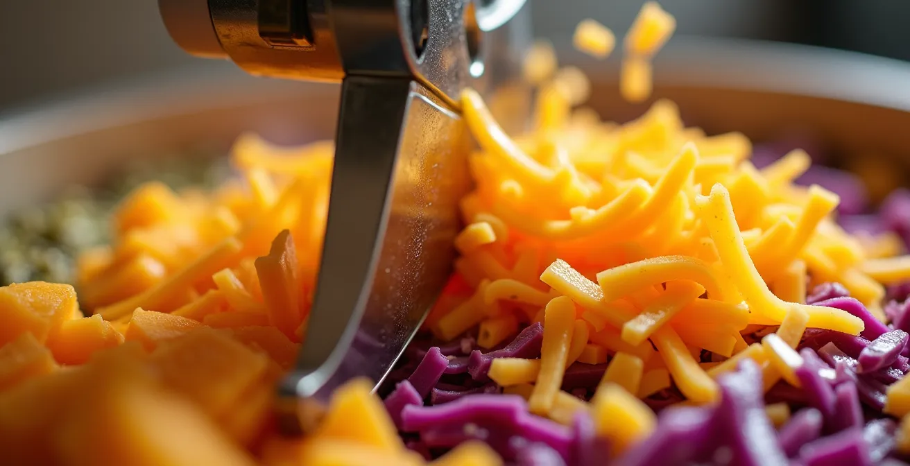 Gros plan macro sur les lames d'un robot culinaire transformant des ingrédients colorés pour des plats québécois