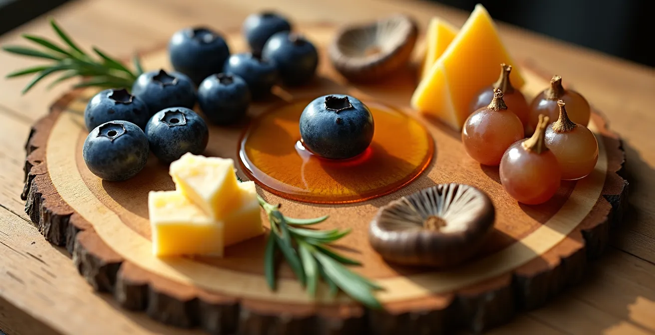 Roue des arômes du terroir québécois montrant différentes saveurs régionales disposées en cercle