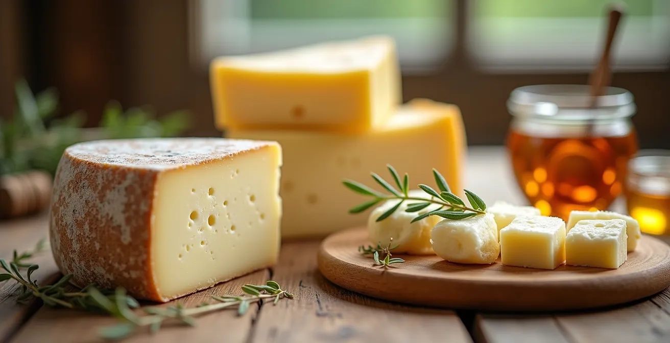 Paysage rural québécois avec ferme laitière traditionnelle et fromages artisanaux sur table de bois
