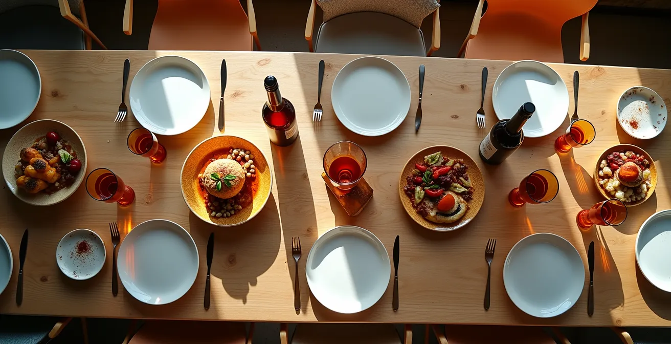 Vue aérienne minimaliste d'une table avec plats à l'érable et verres de vin dans une cabane à sucre moderne