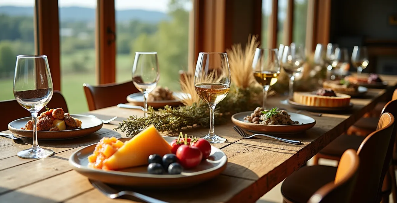 Vue aérienne d'une table de dégustation avec produits de cinq régions québécoises disposés en stations distinctes