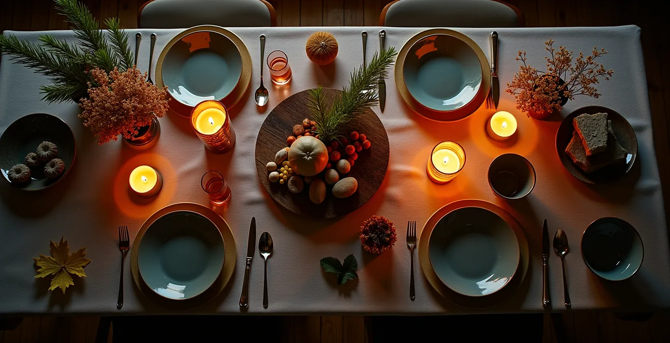 Table québécoise avec variété de textures, éclairage aux chandelles et éléments naturels locaux