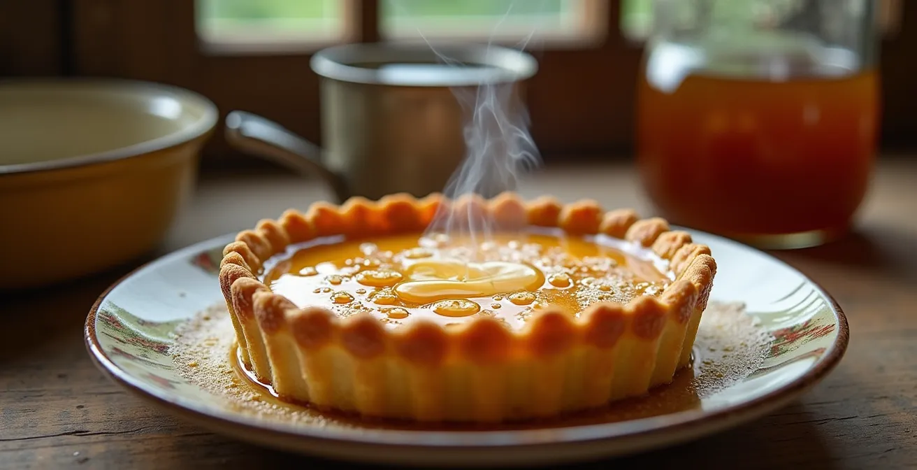 Tarte au sirop d'érable fumante sur comptoir de cuisine rustique québécoise