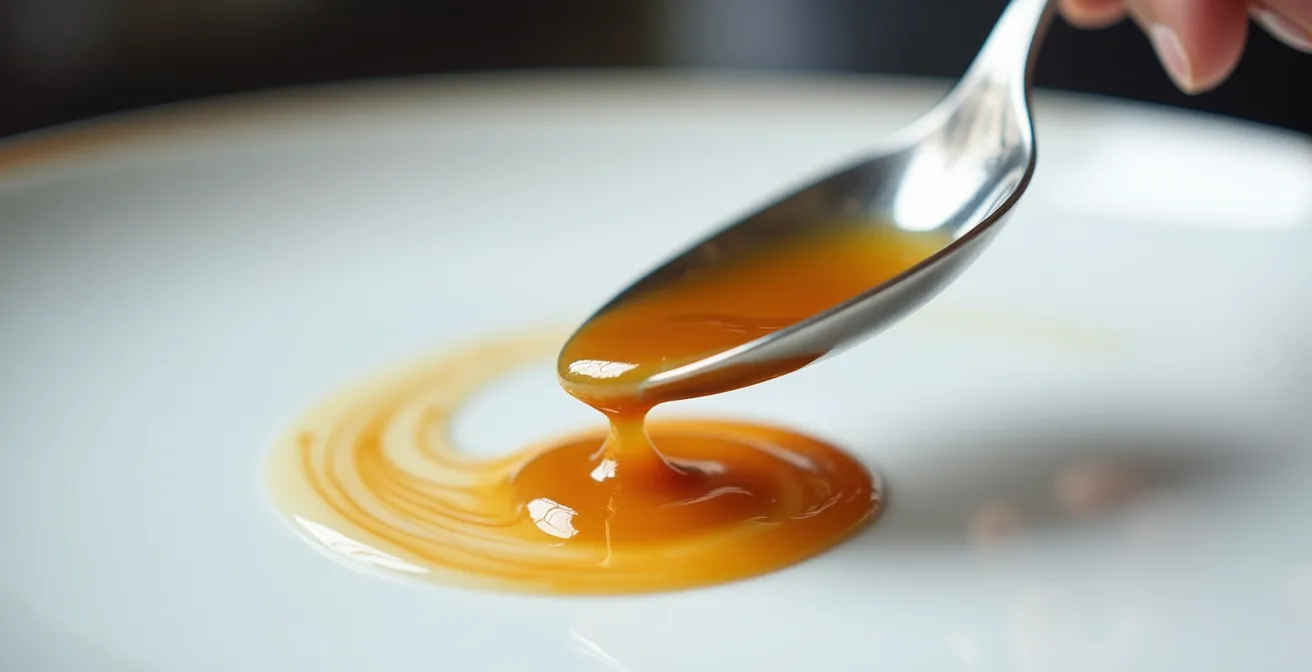 Cuillère créant un trait de sauce élégant en forme de virgule sur une assiette blanche