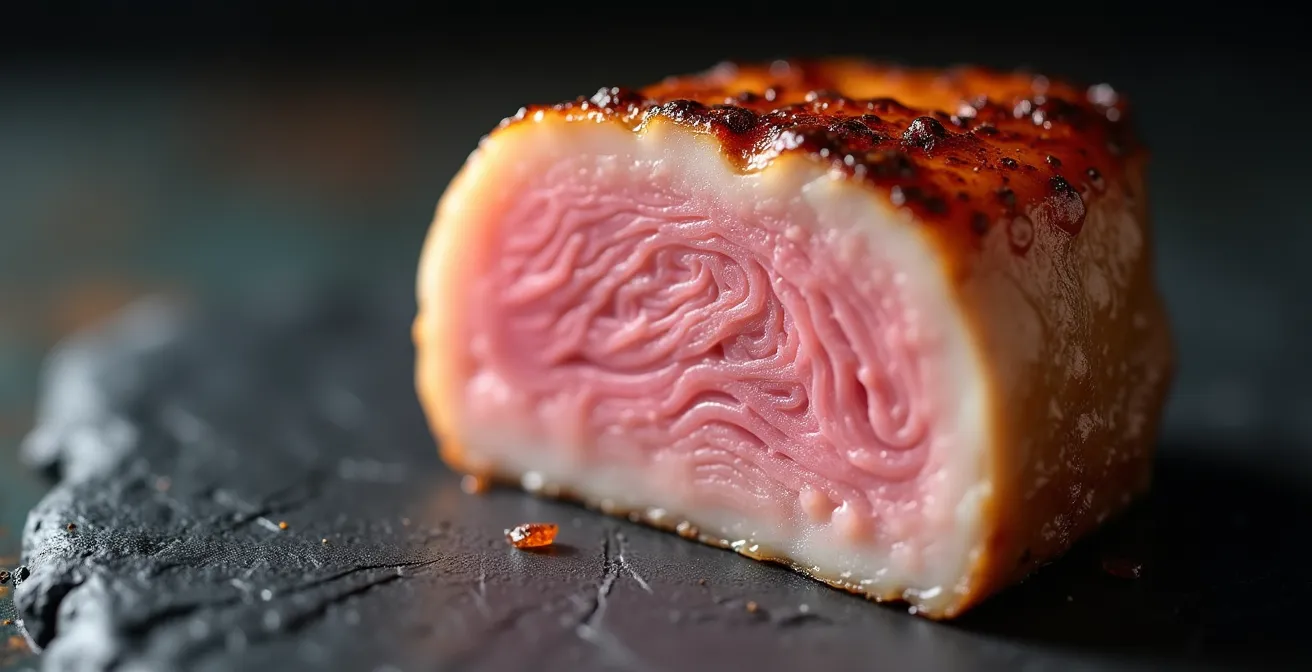 Foie gras mi-cuit parfaitement rosé en coupe transversale, montrant une croûte dorée et un cœur fondant.