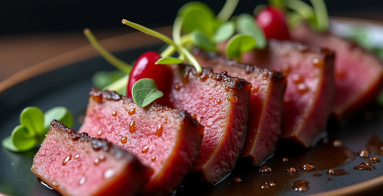 Tataki de cerf de Boileau préparé avec technique japonaise et garniture de camerises