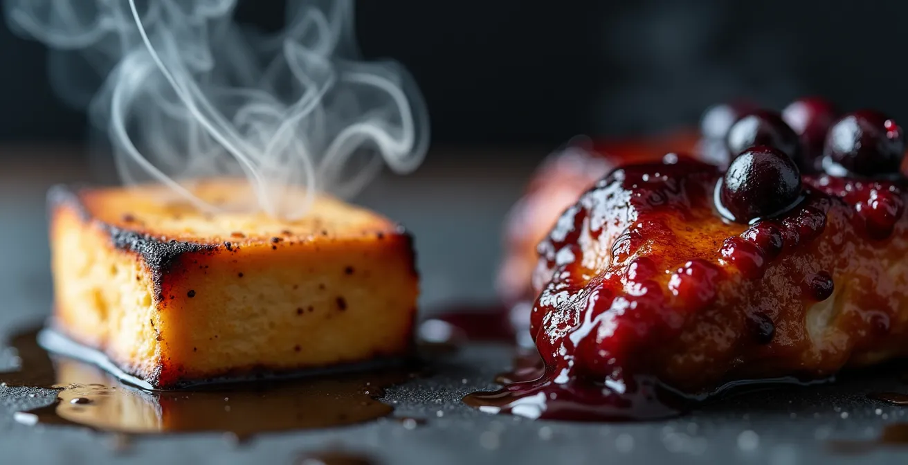 Comparaison visuelle de techniques de cuisson fusion avec fumoir et plat braisé