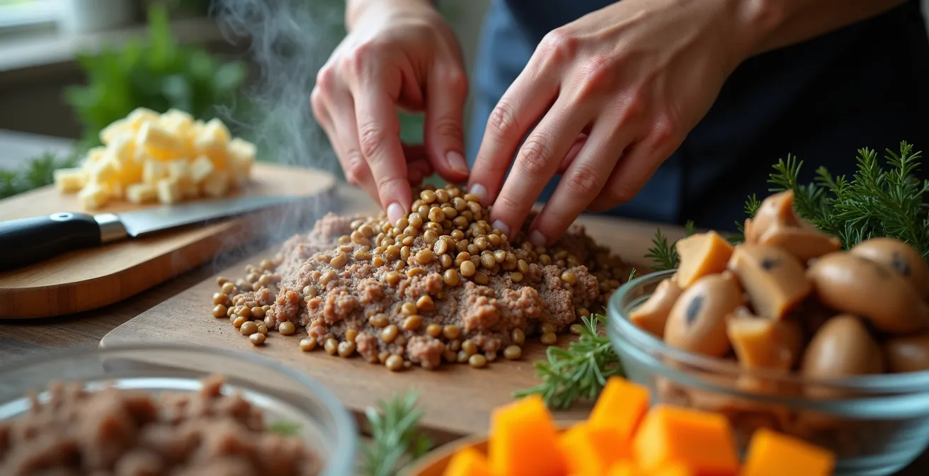 Gros plan sur préparation de pâté chinois allégé avec légumes racines locaux