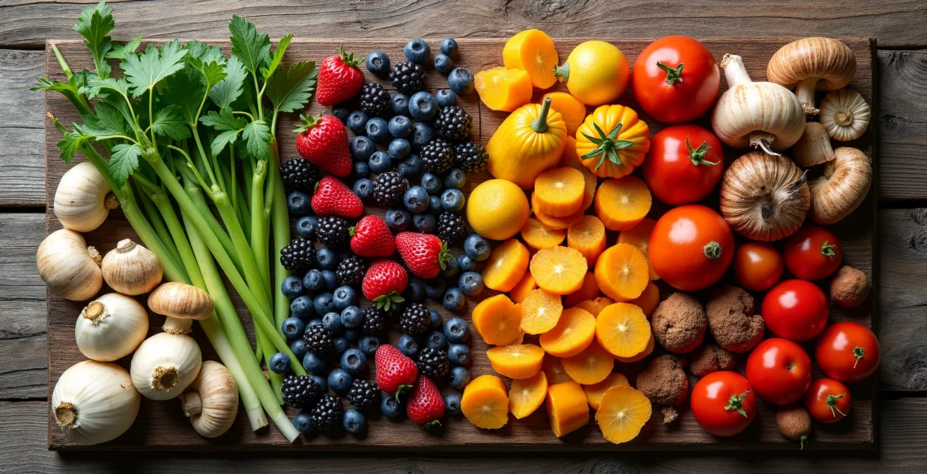 Vue aérienne minimaliste d'ingrédients du terroir québécois arrangés selon les saisons