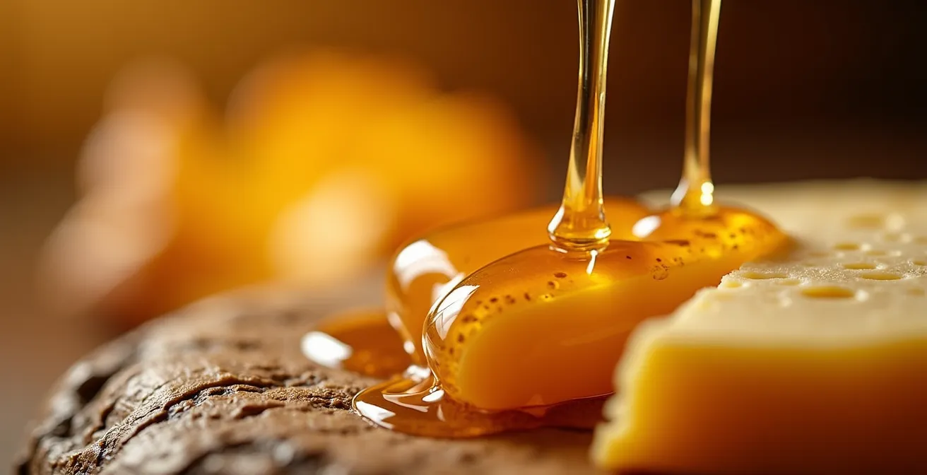 Détail macro de sirop d'érable coulant sur fromage artisanal québécois