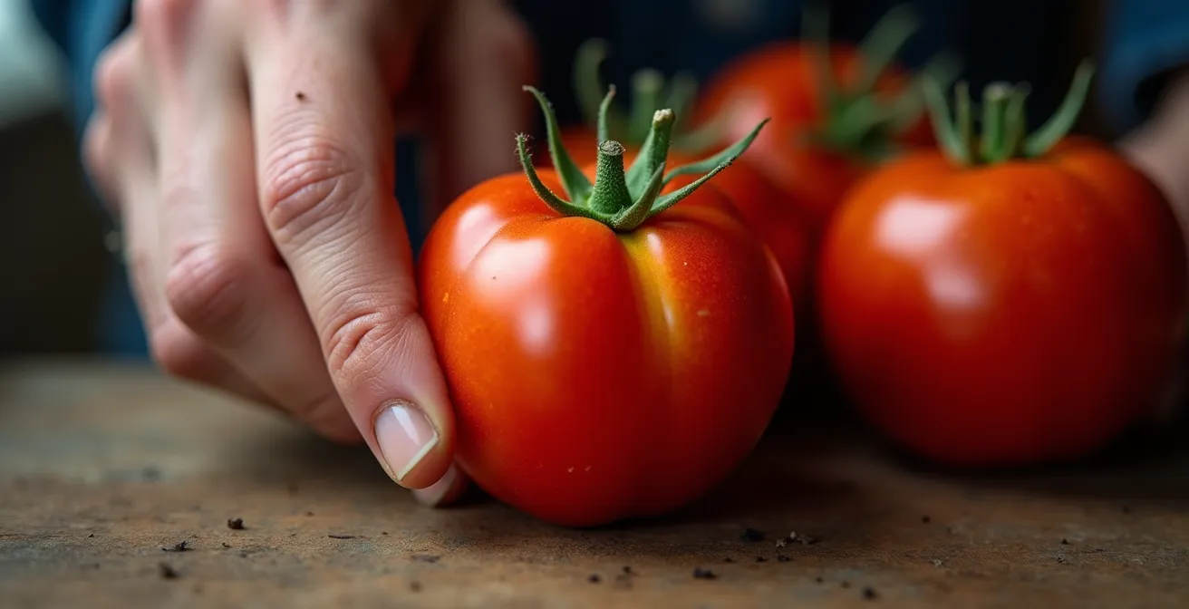 Main de fermier québécois testant la maturité d'une tomate par le toucher