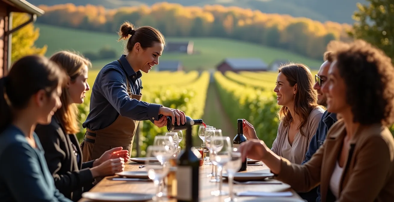 Vue aérienne d'un vignoble québécois avec visiteurs et infrastructure touristique