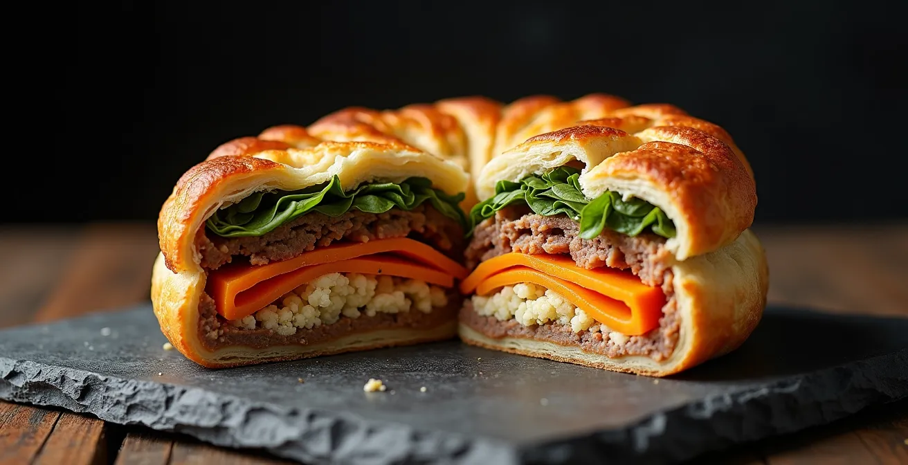 Tourtière québécoise déconstruite montrant les couches de légumes racines et viande maigre