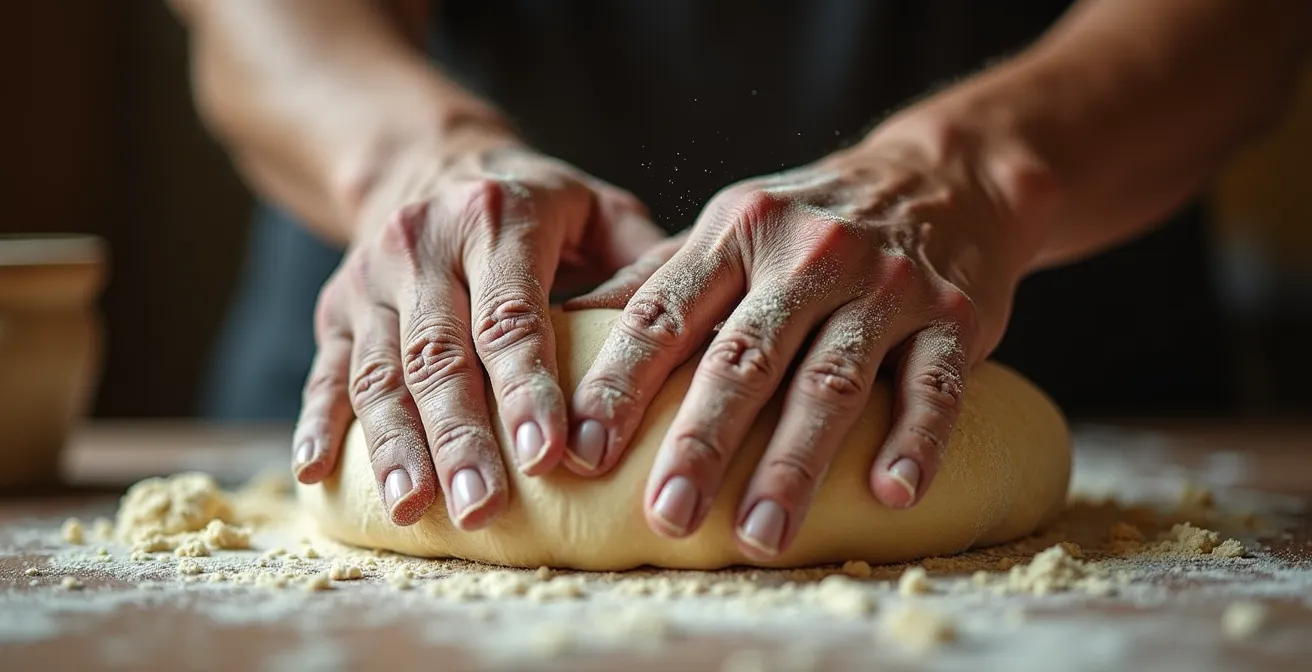 Gros plan sur des mains expertes guidant des mains d'apprenti dans la préparation de pâte traditionnelle
