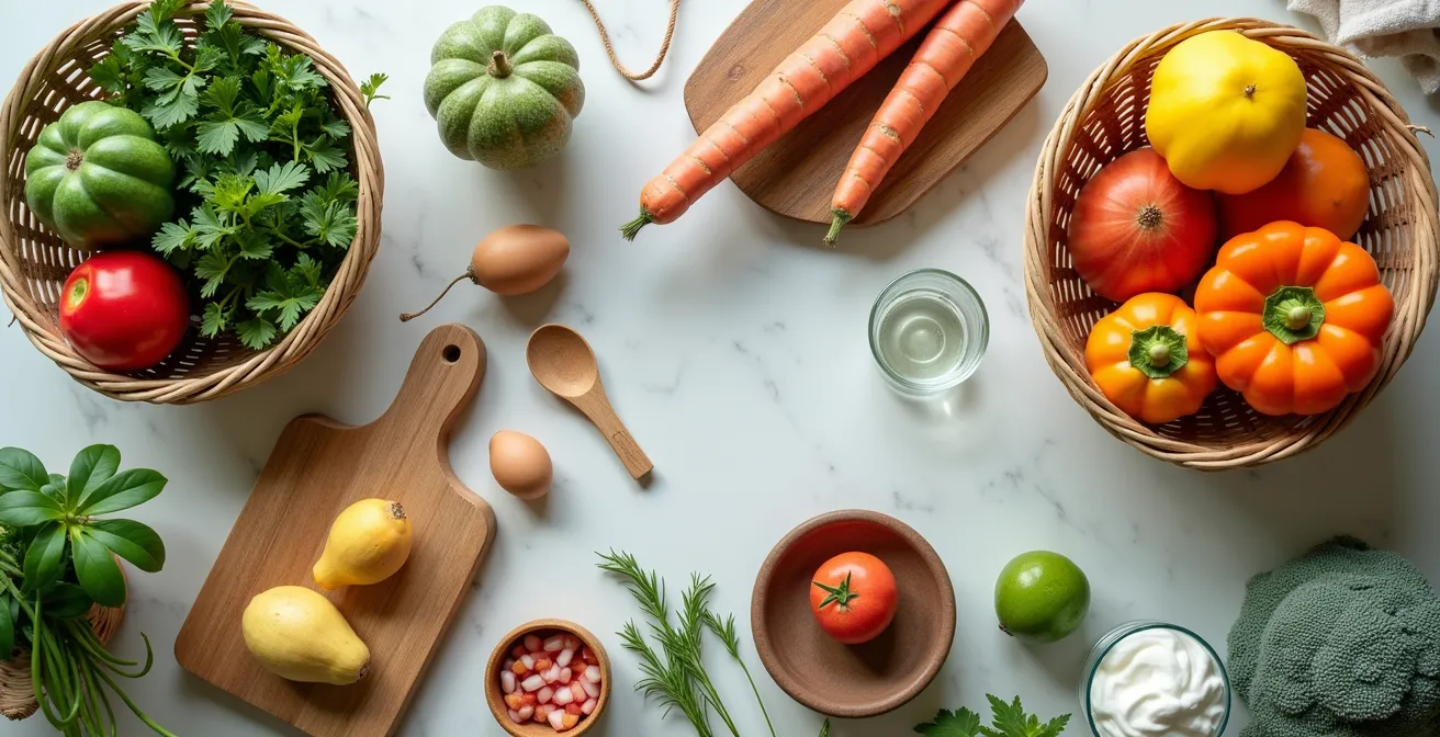 Vue aérienne d'un panier d'épicerie organisé en trois zones distinctes selon l'origine des produits