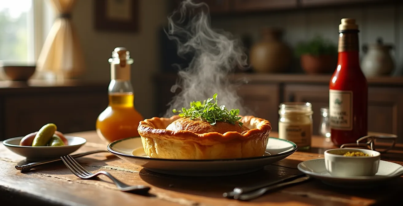 Trois générations autour d'une table québécoise partageant une tourtière modernisée dans une ambiance chaleureuse.