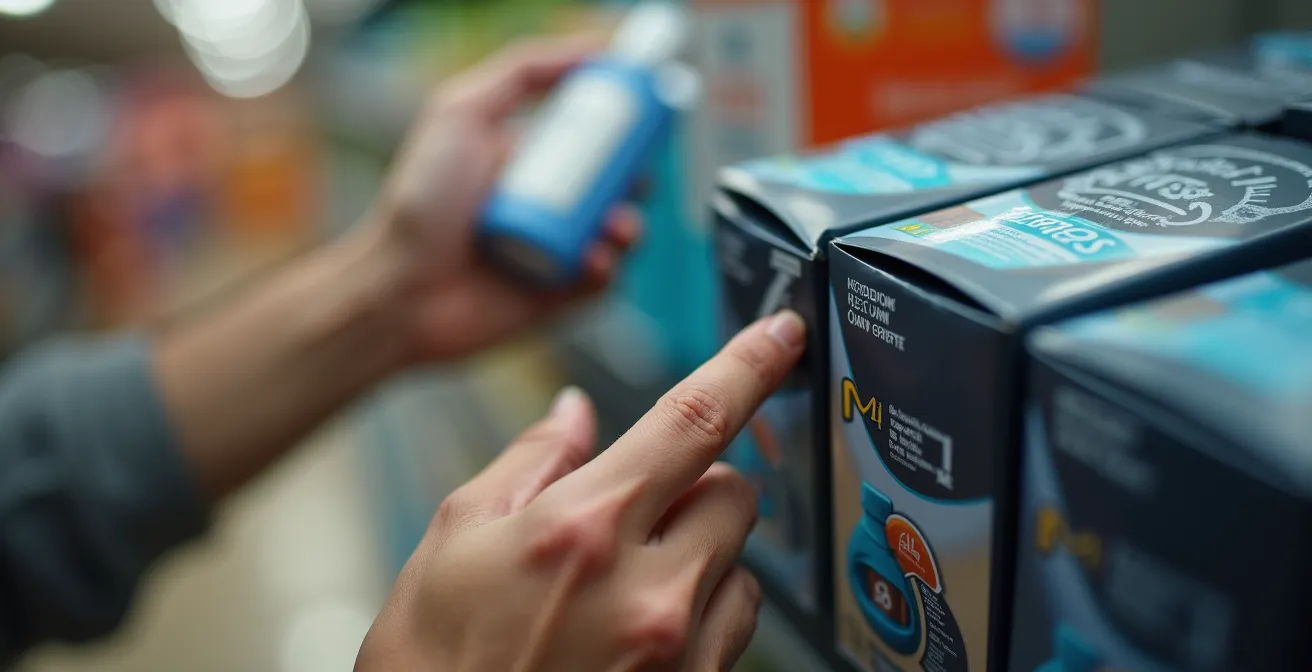 Main tenant un smartphone devant des produits certifiés dans une épicerie québécoise