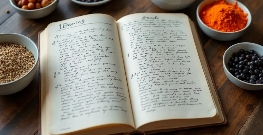 Journal de bord ouvert avec notes manuscrites sur une table en bois, entouré de superaliments québécois Journal de bord ouvert avec notes manuscrites sur une table en bois, entouré de superaliments québécois