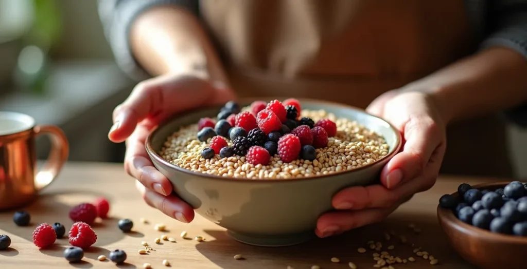 Préparation de pouding aux graines de chanvre et camerises dans une cuisine québécoise lumineuse Préparation de pouding aux graines de chanvre et camerises dans une cuisine québécoise lumineuse